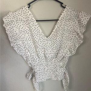 White Polka Dot V-Neck Ruffle Sleeve Smocked Waist Blouse